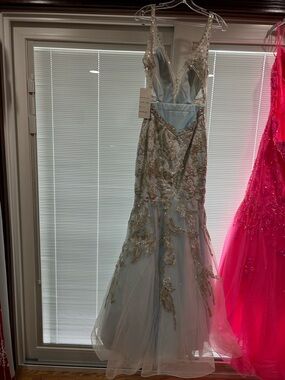 Aria Couture Light silver/ Blue Beaded Gown with Gold Embroidery